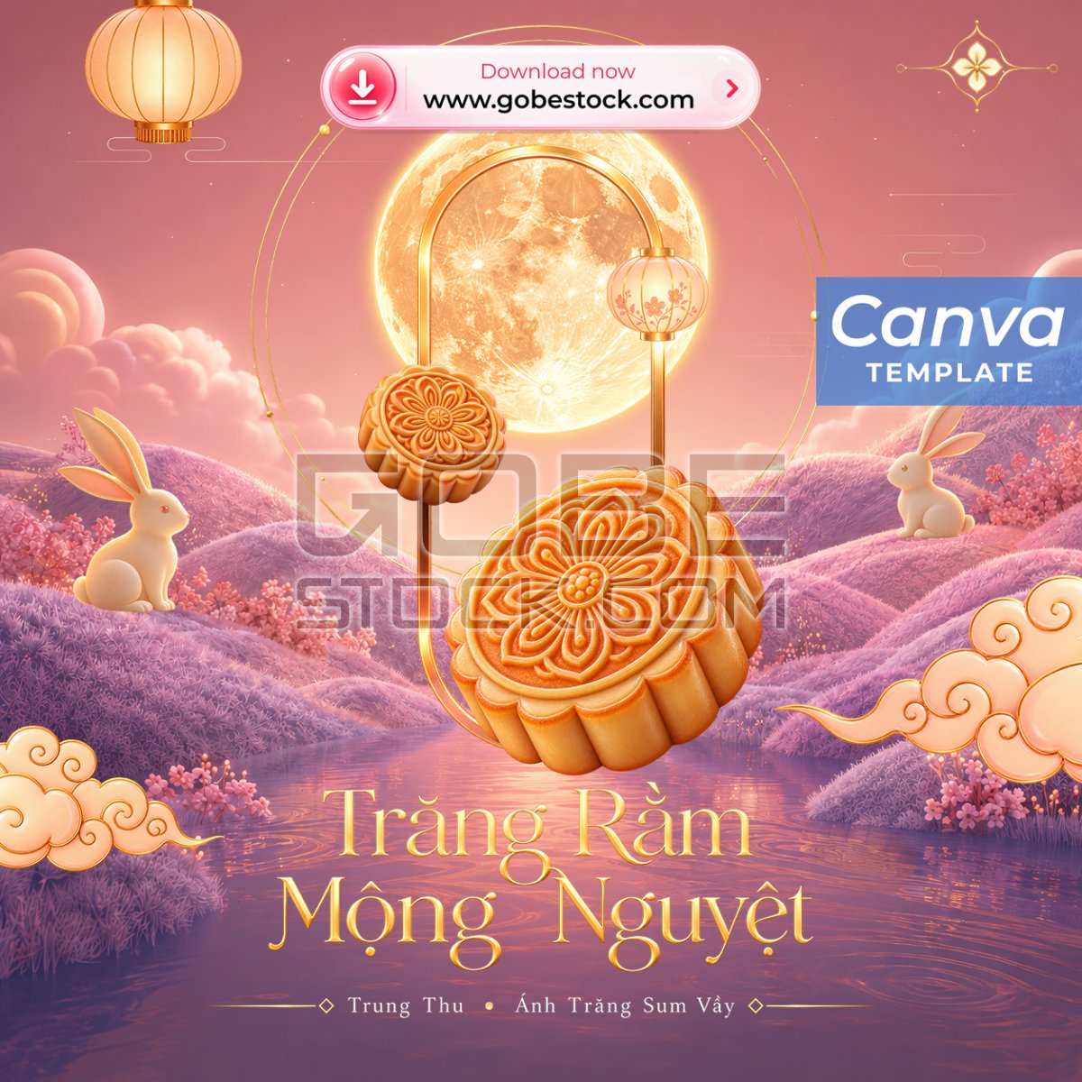 Dreamy Peach Mid Autumn Moon Portal With Rabbits And Mooncakes