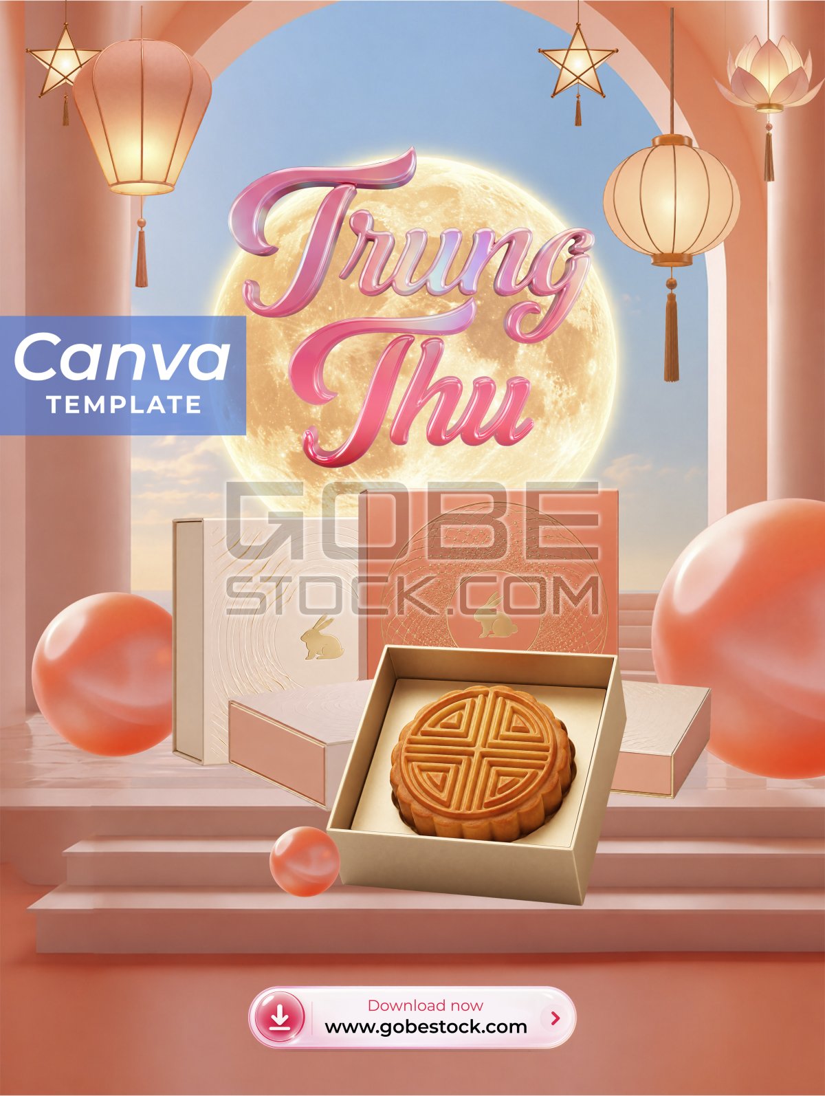 Coral Modern Mid Autumn Mooncake Collection Poster