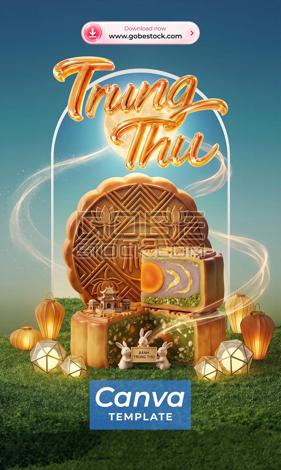 Blue Mid Autumn Mooncake Lantern And Rabbit Display Poster