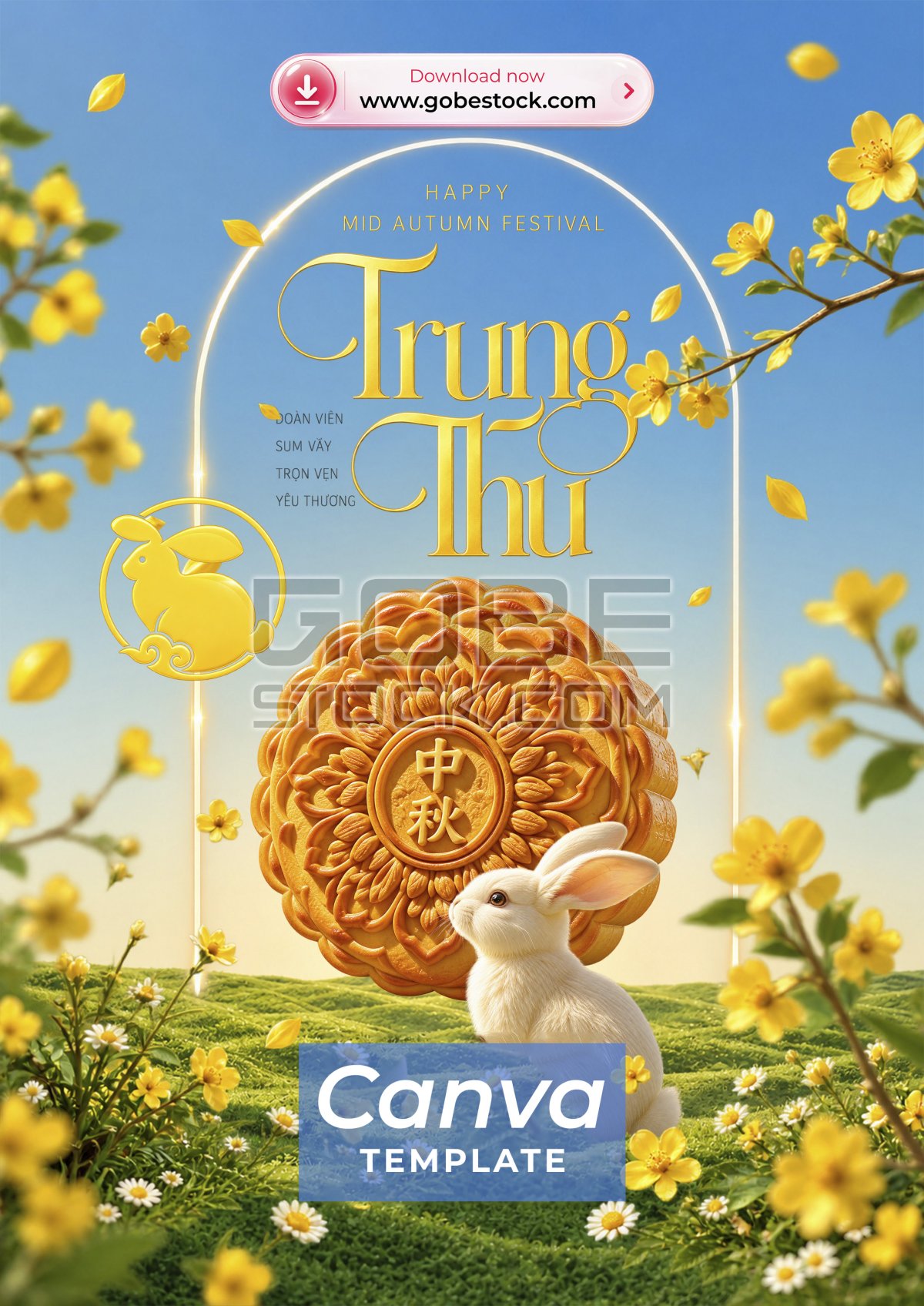 Blue Mid Autumn Mooncake And Rabbit Garden Poster
