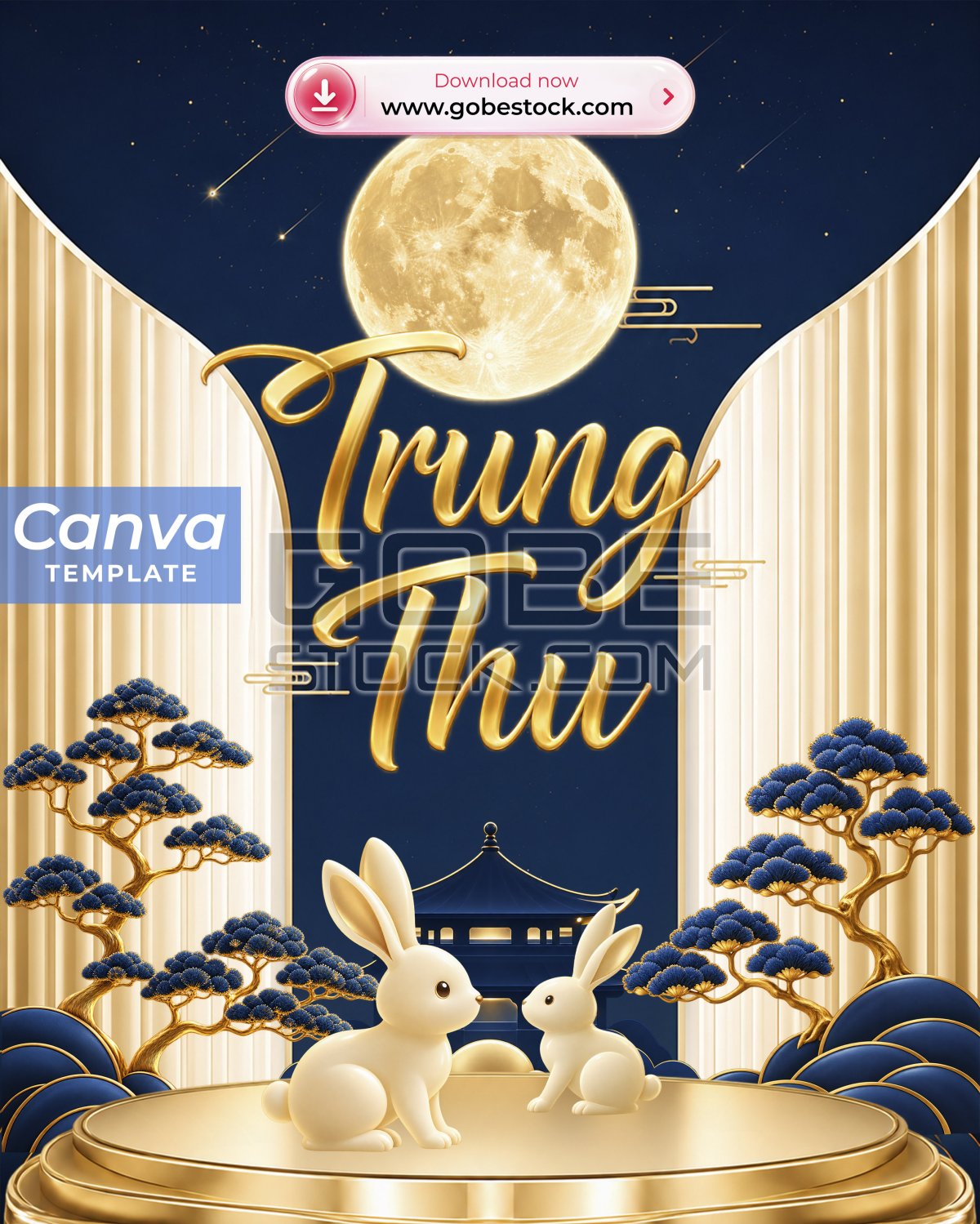 Navy And Gold Mid Autumn Rabbit Stage Poster