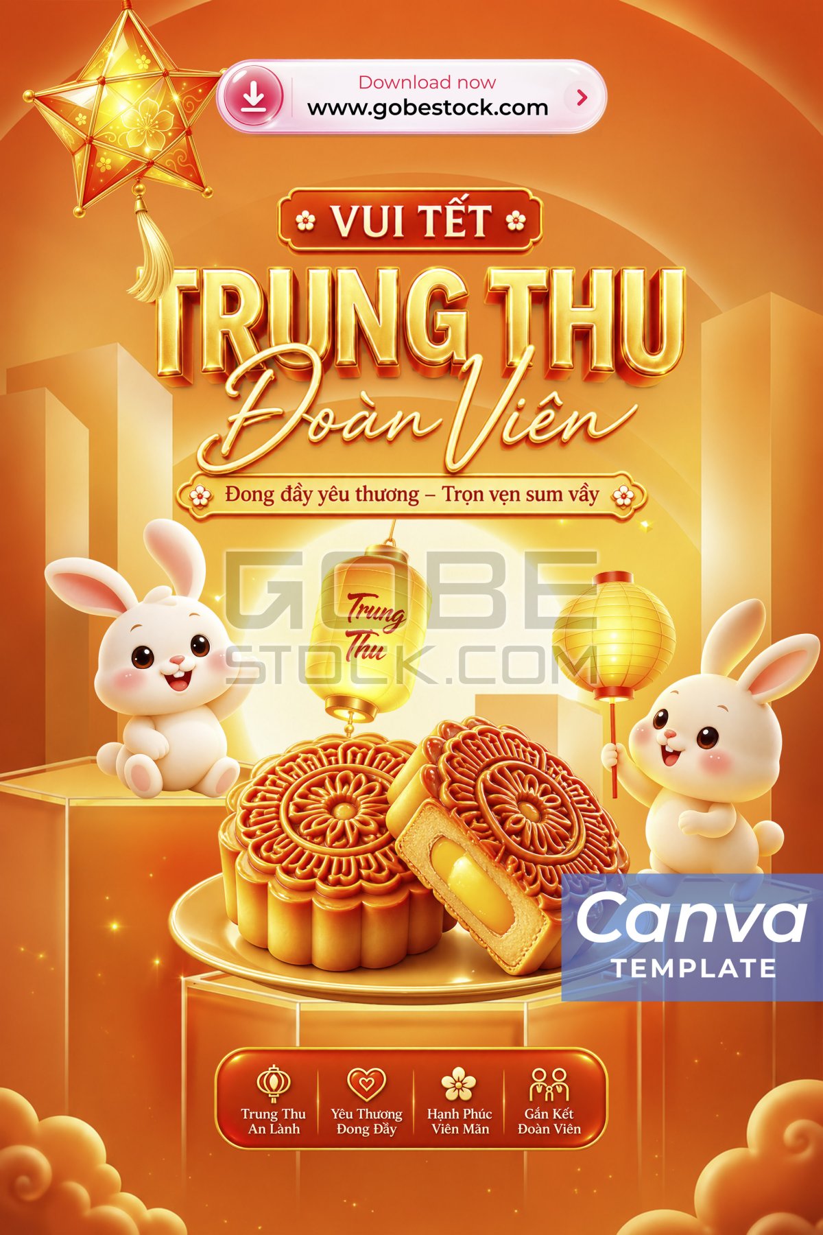 Orange Mid Autumn Rabbit Lantern And Mooncake Poster