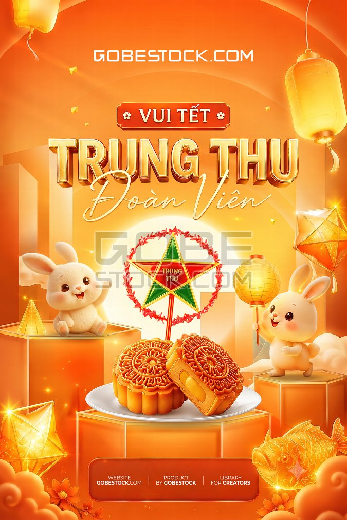 Orange Mid Autumn Festival poster with rabbits mooncakes and star lantern