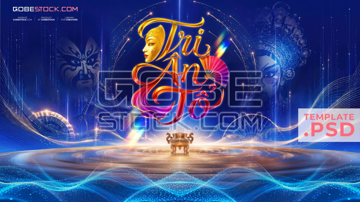 Vietnam Stage Day banner with blue digital waves opera masks fan and incense altar