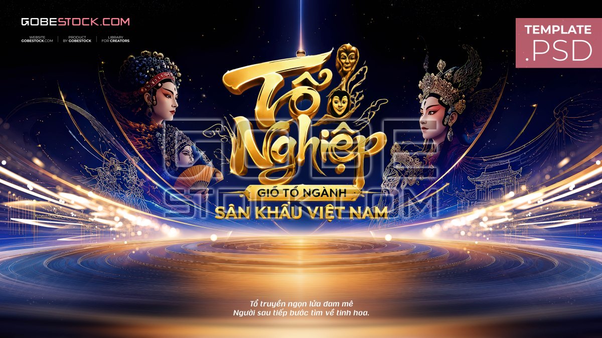Vietnam Stage Day banner with blue gold stage opera performers and theater masks
