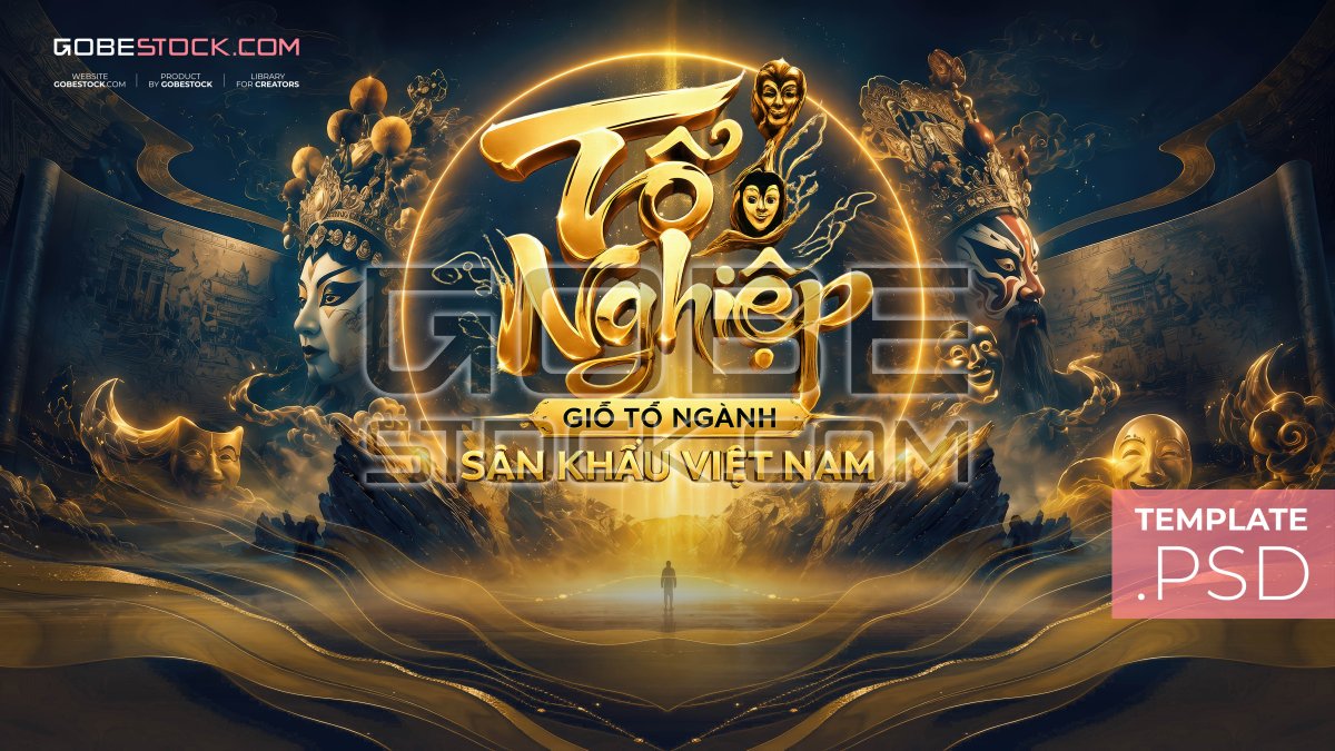 Vietnam Stage Day banner with gold theater masks opera portraits and dramatic landscape