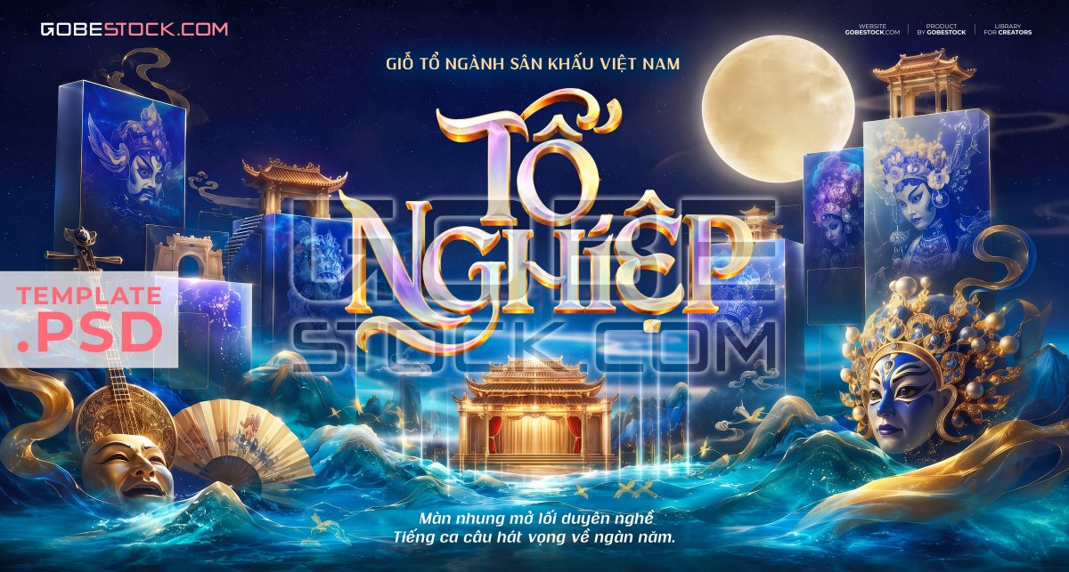 Vietnam Stage Day banner with moon theater masks waves and traditional gate