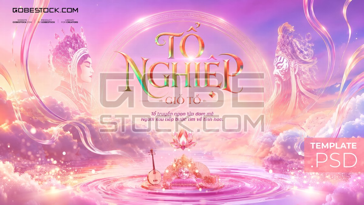 Vietnam Stage Day banner with pastel clouds opera portraits lotus and moon lute
