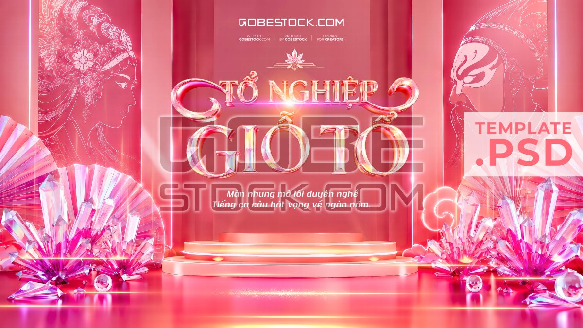 Vietnam Stage Day banner with pink crystal fans and opera portraits