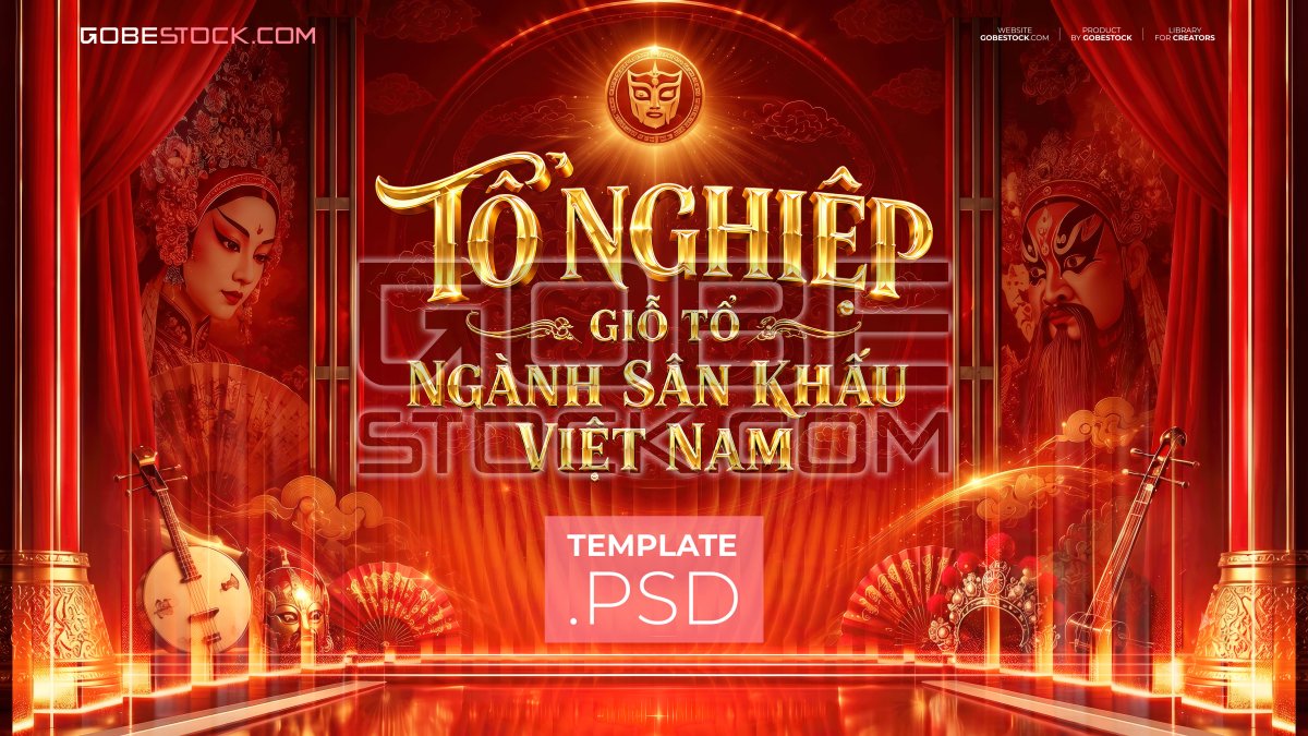 Vietnam Stage Day banner with red curtains opera characters instruments and fans