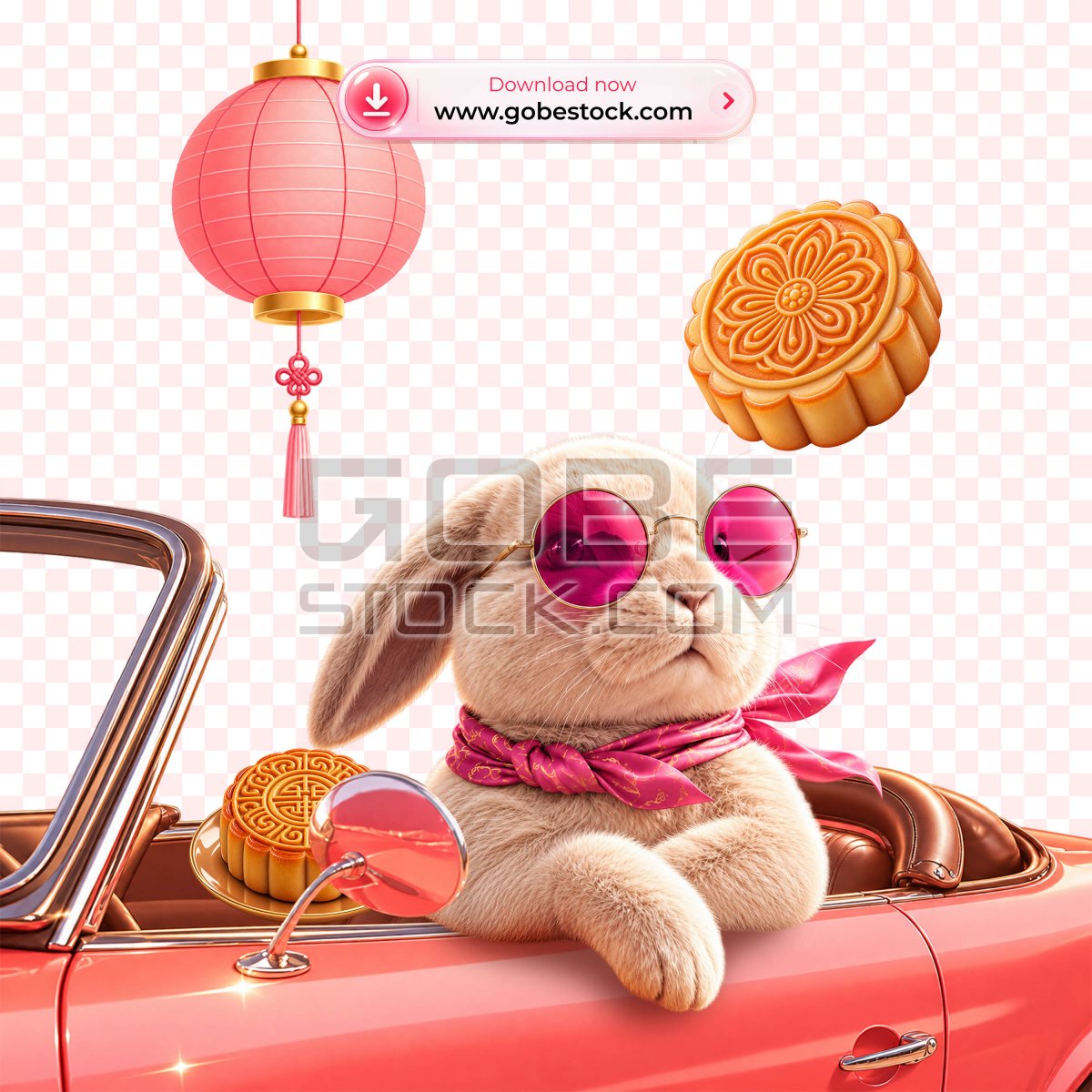 3D Brown Rabbit Wearing Pink Glasses in Orange Convertible