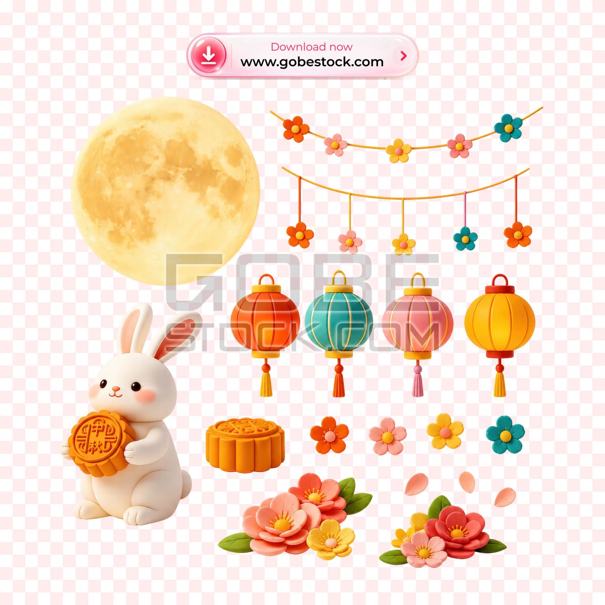 3D Mid Autumn Rabbit Mooncake Lantern and Full Moon Illustration Set