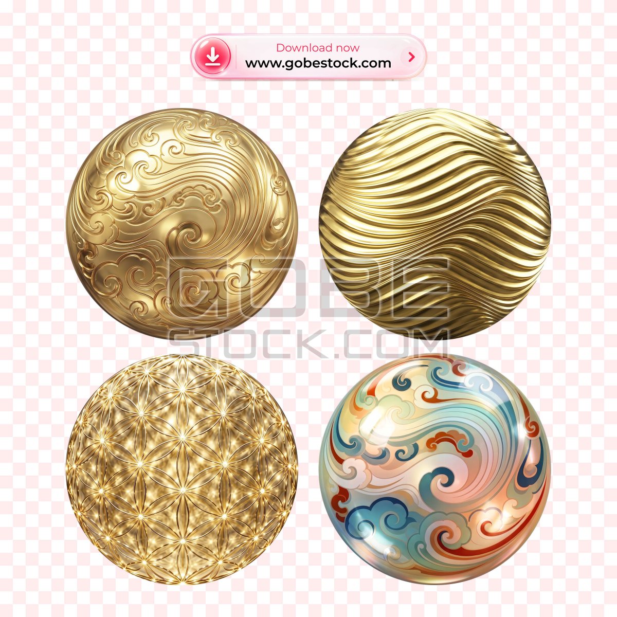 3D Moon Dotted Golden Sphere with Swirling Cloud Pattern Set