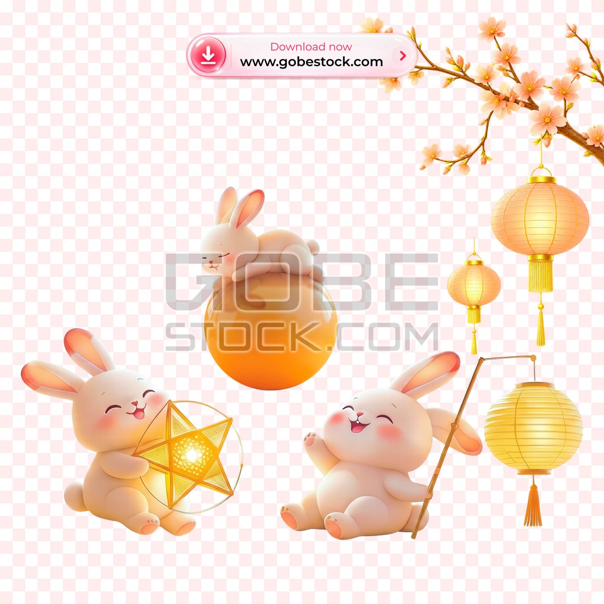 3D Pink Rabbits with Star and Round Lanterns