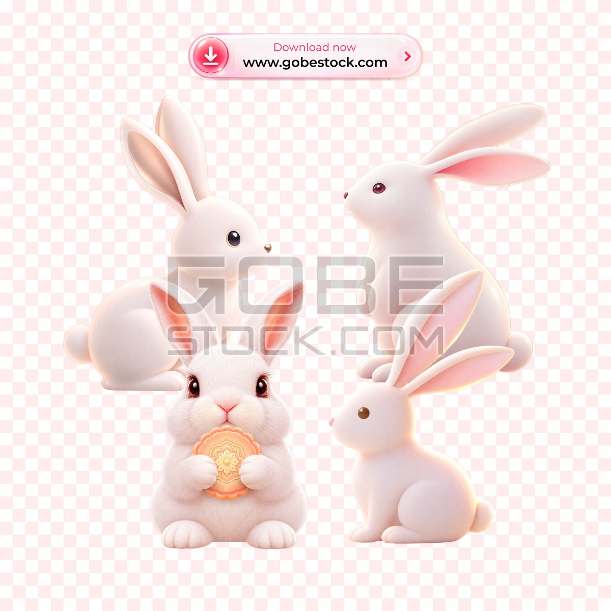3D White Rabbit Sitting and Looking Set