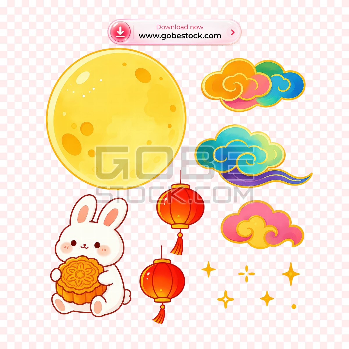 Colorful Mid Autumn Rabbit Lantern Moon Cloud Illustration Set