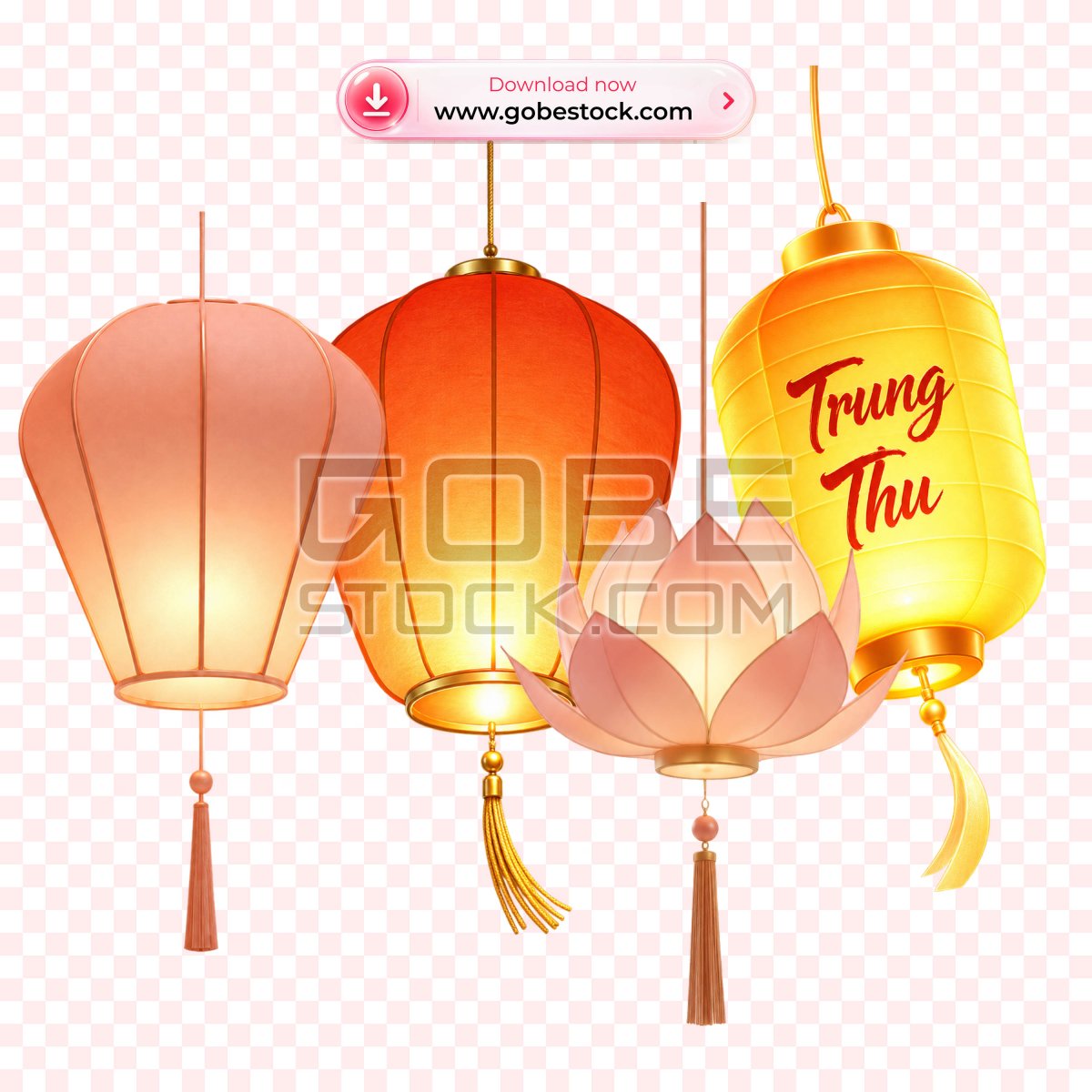 Glowing Golden Mid Autumn Lantern with Red Lettering Set