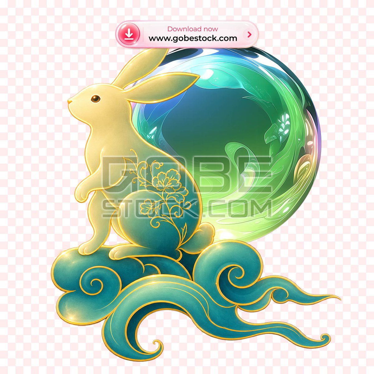 Jade Rabbit Sitting on Blue Clouds with Golden Pattern