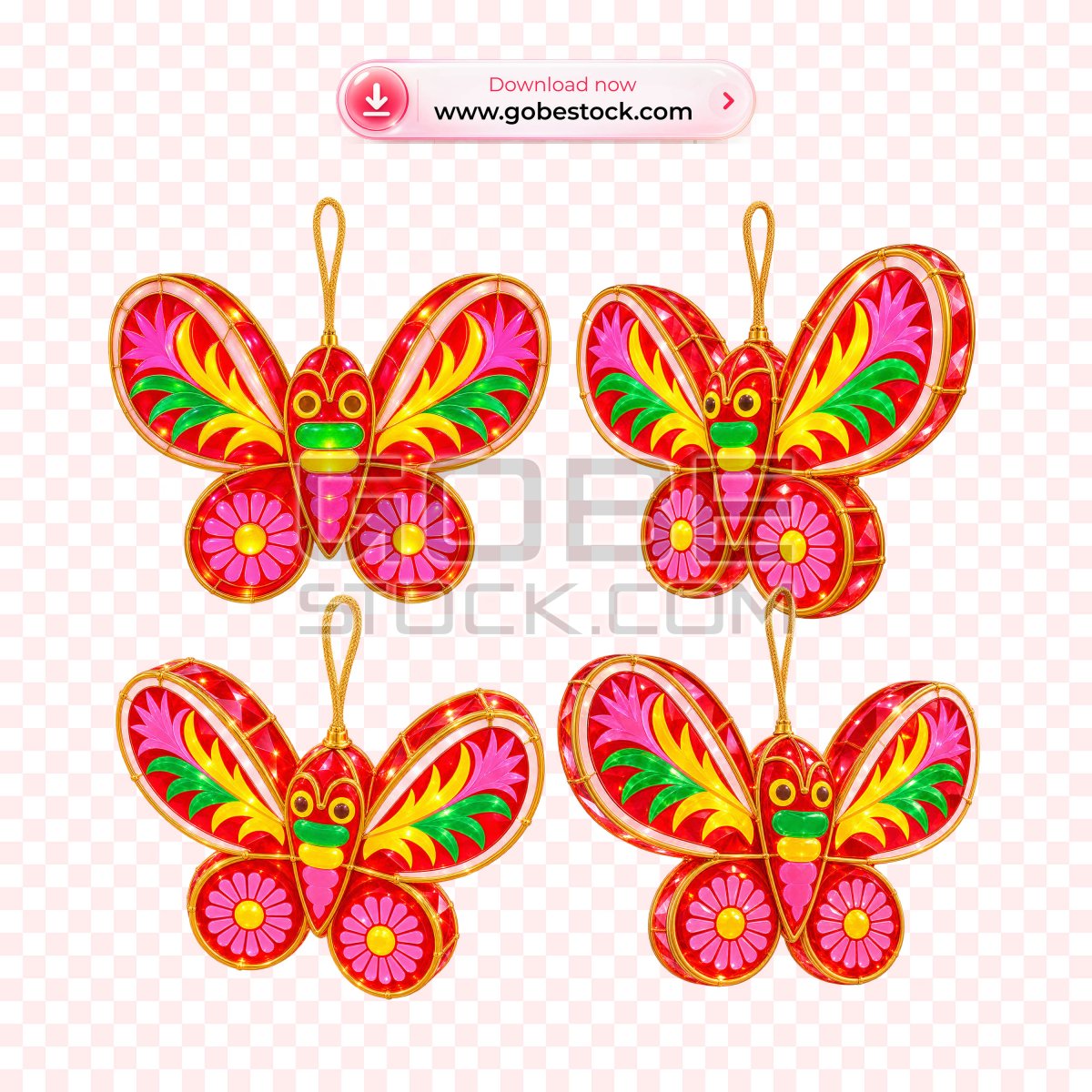 Red Gold Crystal Butterfly Lantern Direct Front View