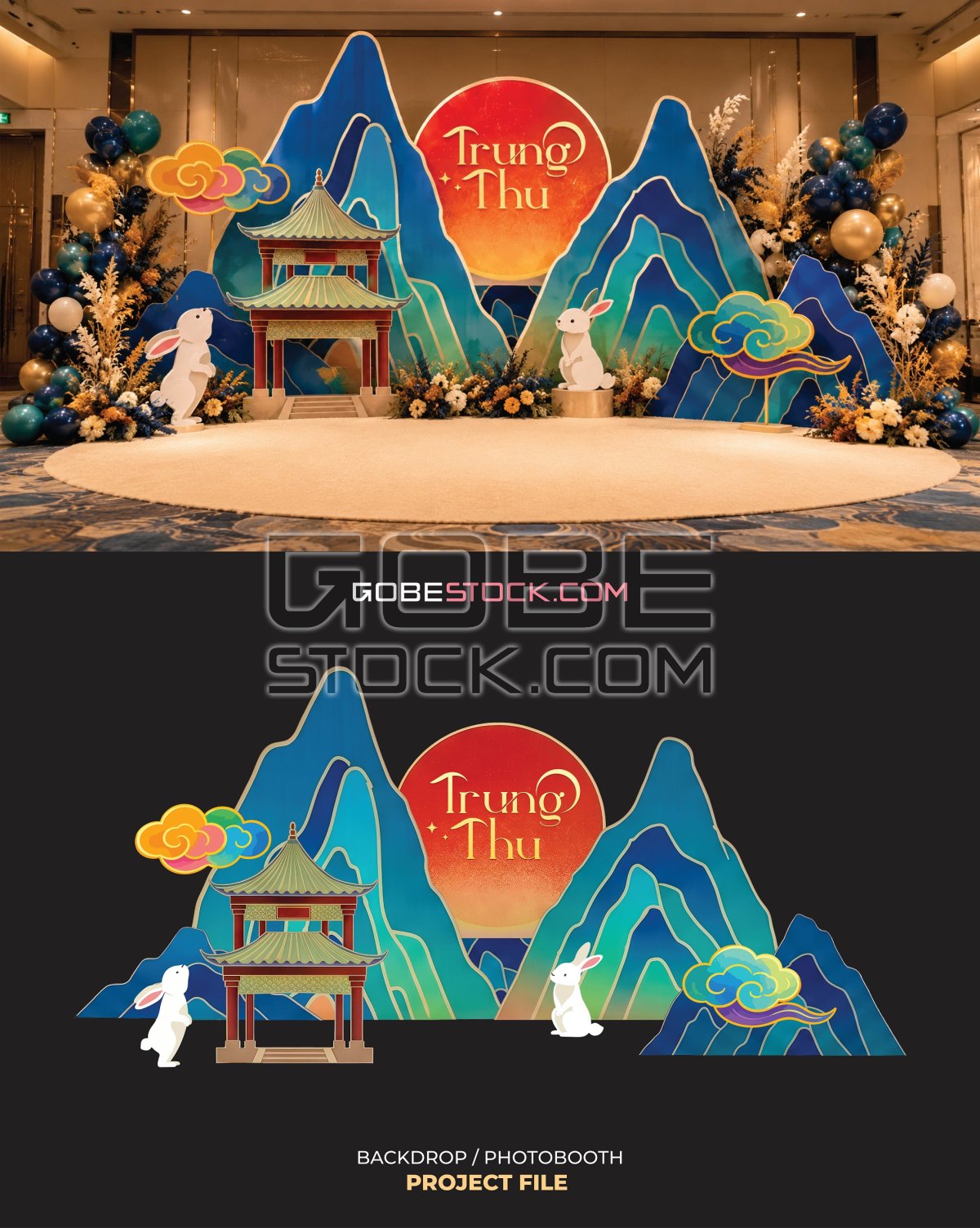 Mid Autumn photobooth backdrop with blue mountains rabbits pagoda and red moon
