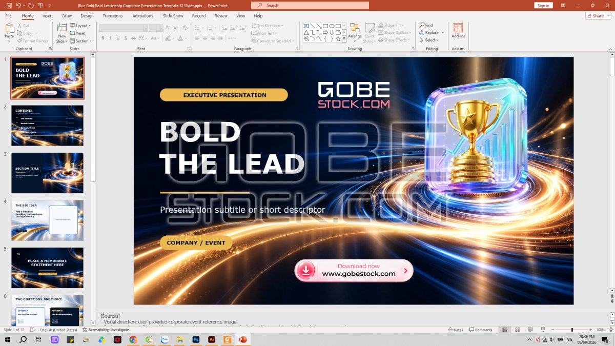 Blue Gold Bold Leadership Corporate Presentation Template 12 Slides