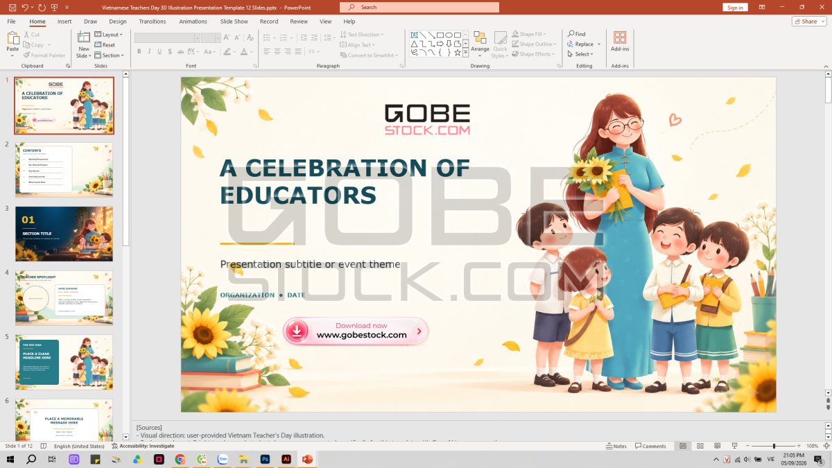 Vietnamese Teachers Day 3D Illustration Presentation Template 12 Slides
