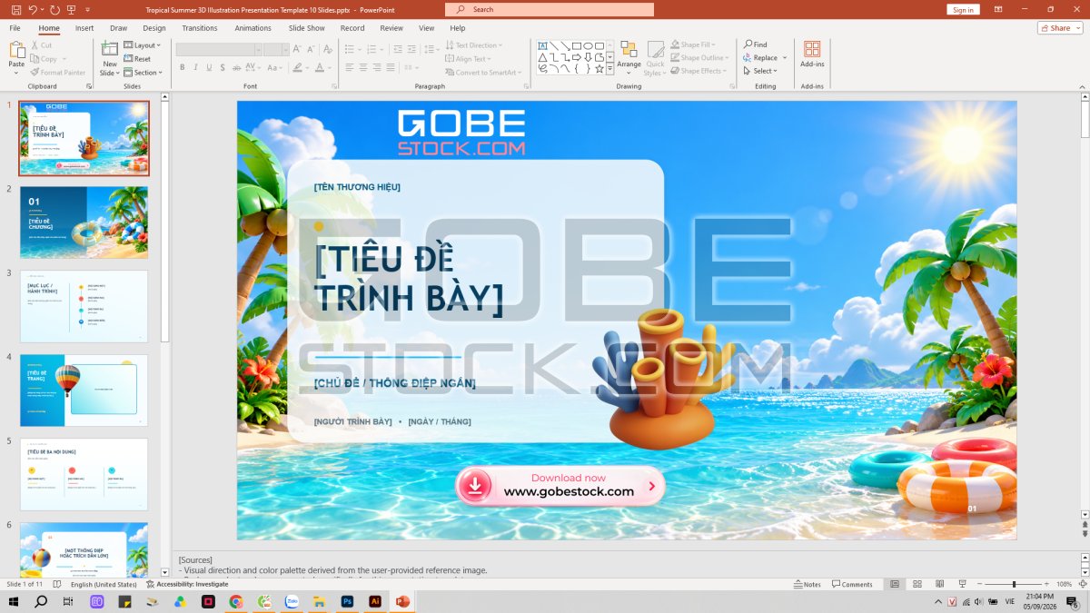 Tropical Summer 3D Illustration Presentation Template 10 Slides
