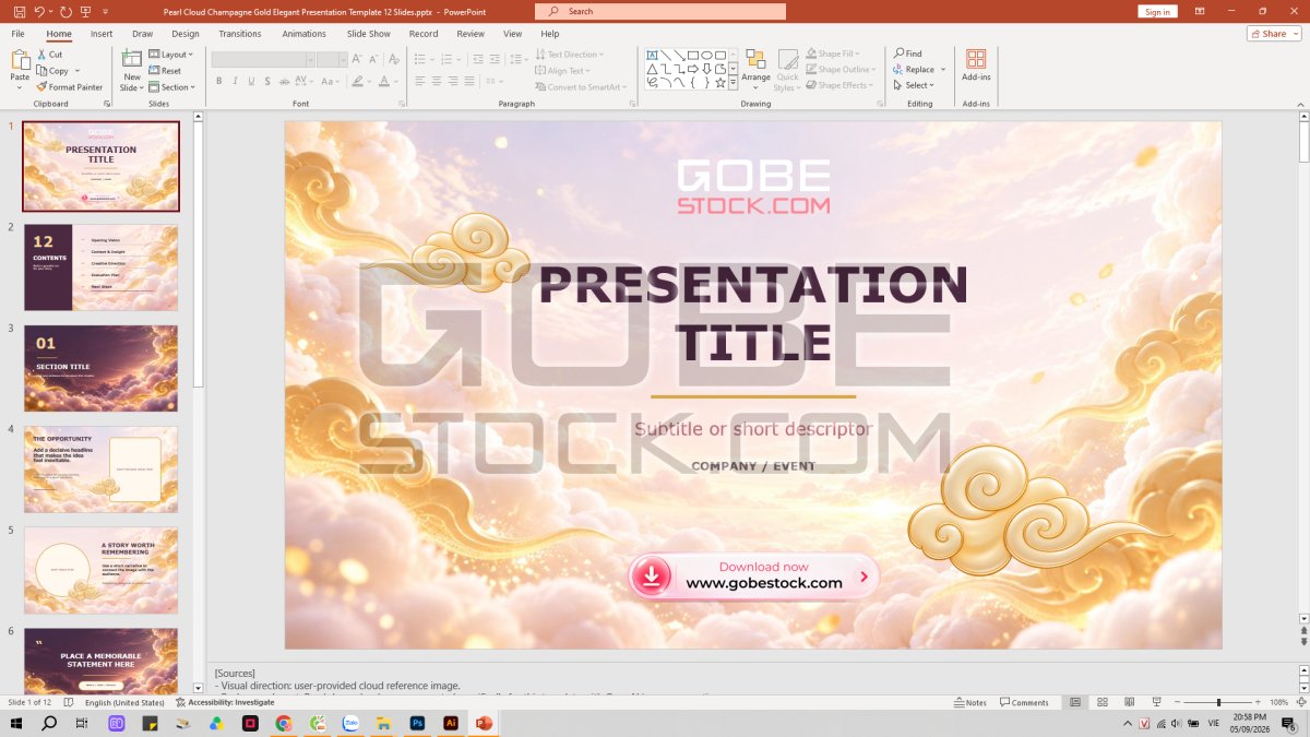 Pearl Cloud Champagne Gold Elegant Presentation Template 12 Slides