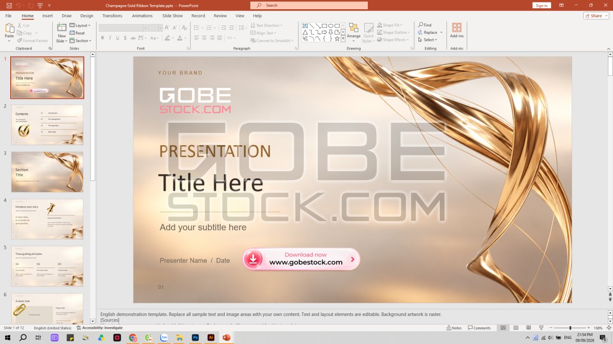 Champagne Gold Ribbon Template Slide Powerpoint Presentation