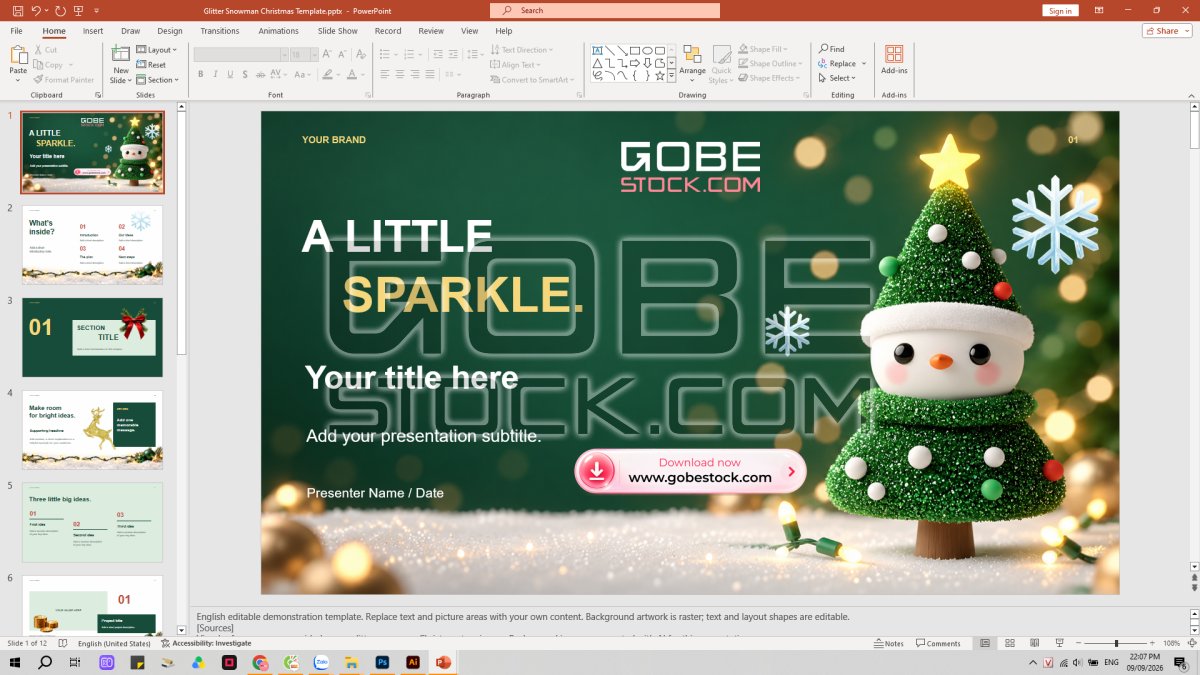 Glitter Snowman Christmas Template Slide Powerpoint Presentation