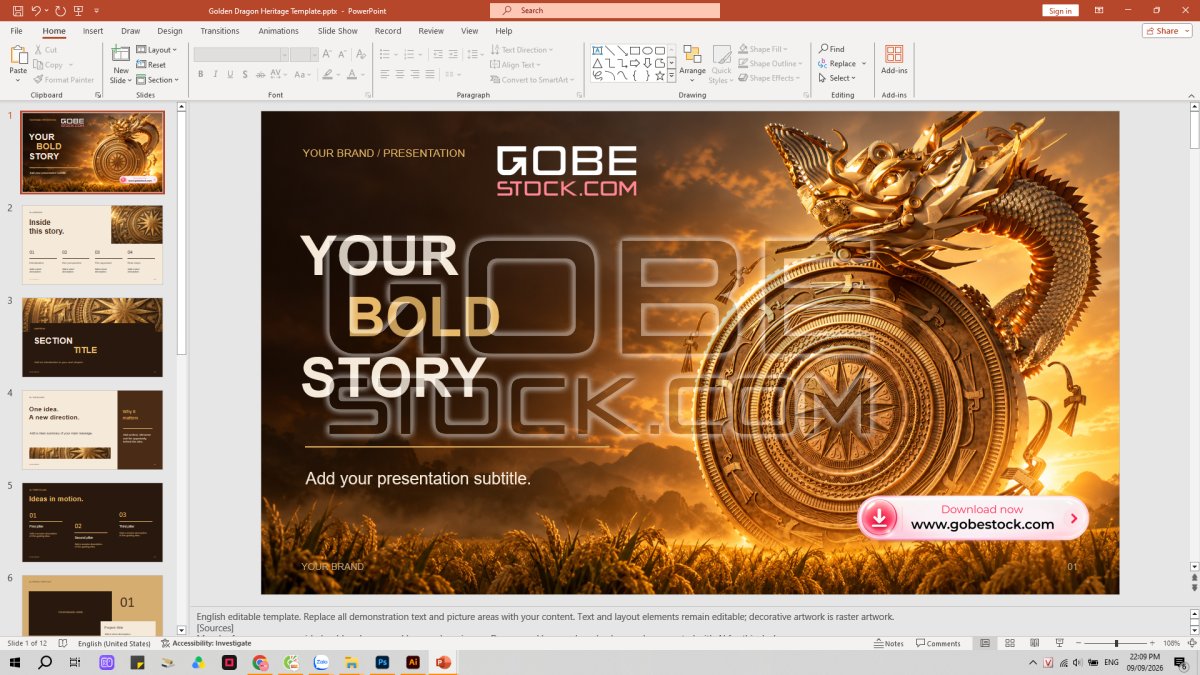 Golden Dragon Heritage Template Slide Powerpoint Presentation