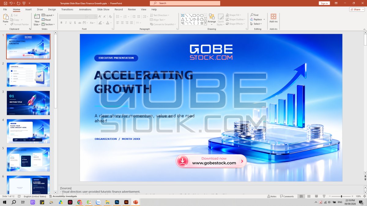 Template Slide Blue Glass Finance Growth Slide Powerpoint Presentation