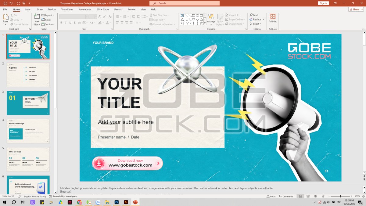 Turquoise Megaphone Collage Template Slide Powerpoint Presentation