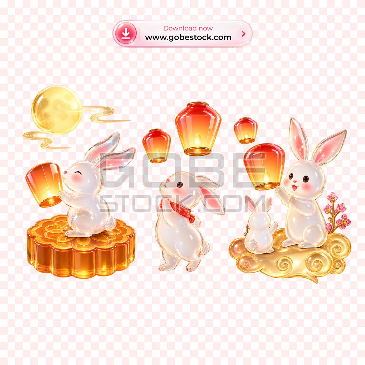 3D Glass Moon Rabbit Lantern Festival Scene