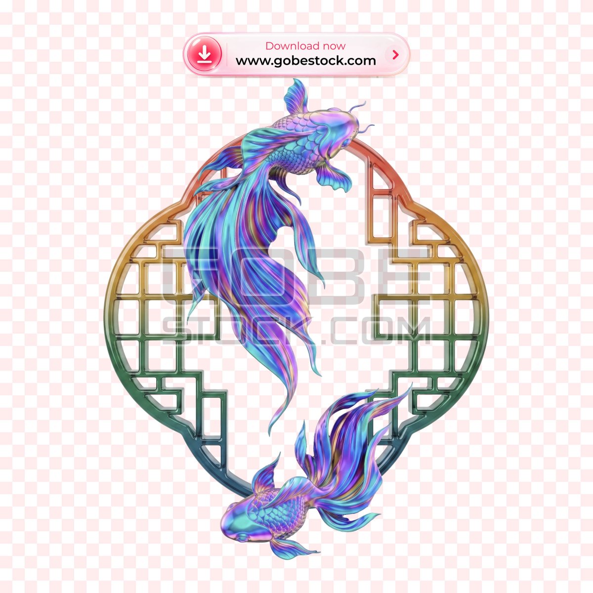 3D Iridescent Blue Purple Koi Fish Pair Circular Lattice Ornament