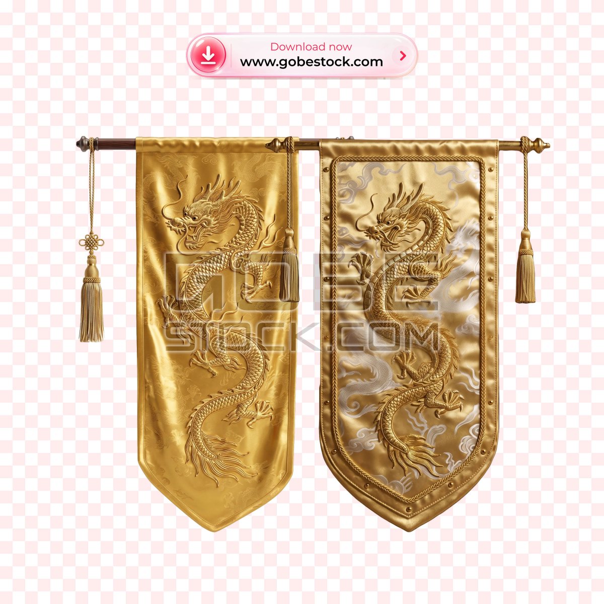Golden Dragon Phoenix Embroidered Silk Banner