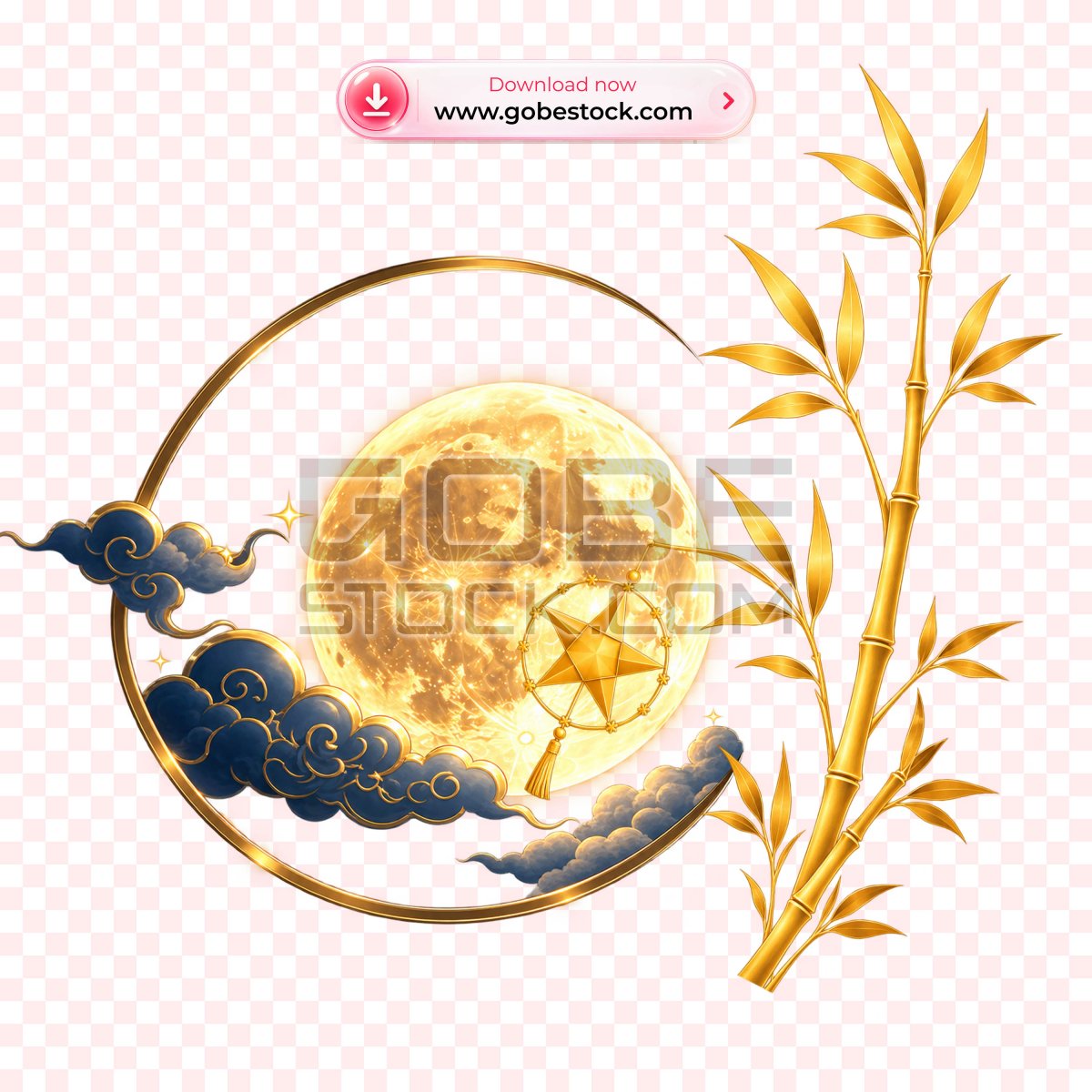 Golden Full Moon and Blue Clouds in Round Gold Frame