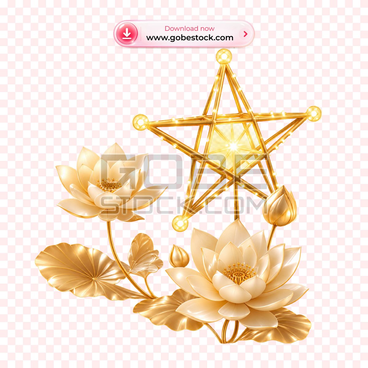 Metallic Gold Lotus Bud Flower and Leaf Cluster