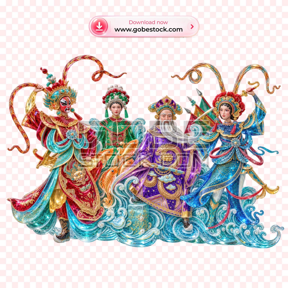 Colorful Vietnamese Opera Character Ensemble on Waves