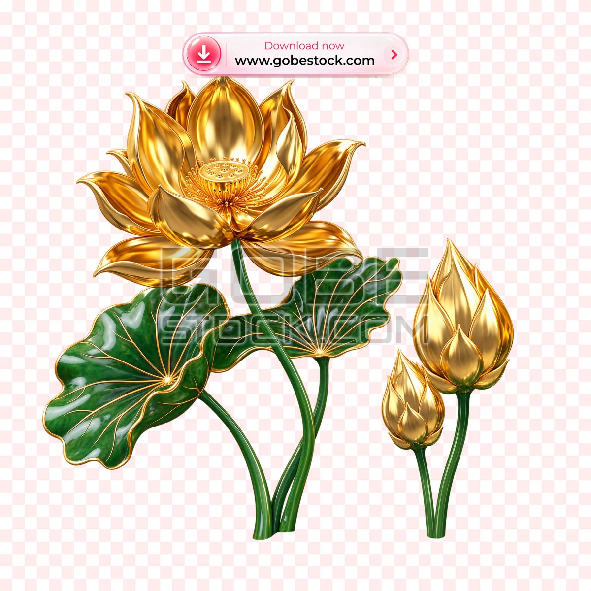 Golden Lotus Flower and Bud with Green Leaves