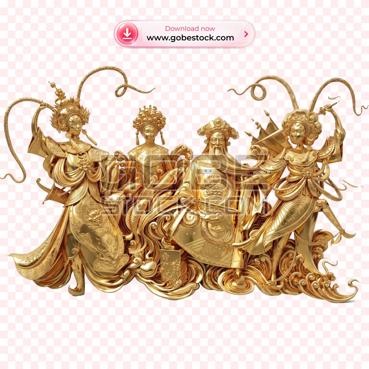 Golden Vietnamese Opera Character Ensemble on Waves
