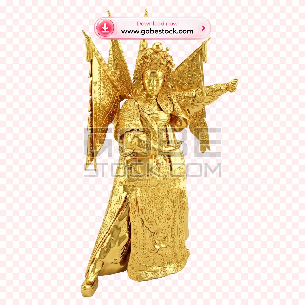Golden Vietnamese Opera Warrior with Raised Knee and Battle Flags