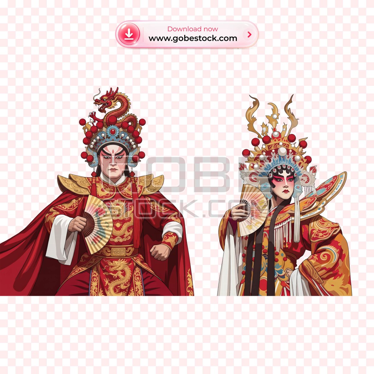 Vietnamese Opera Character Pair in Red Ceremonial Costumes