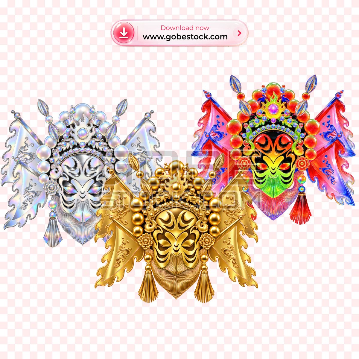 Vietnamese Opera Mask Trio in Silver Gold and Neon Colors
