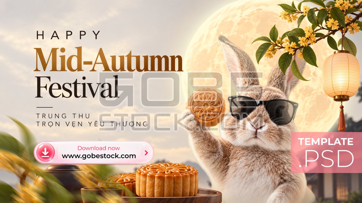 Cream Mid Autumn Rabbit Mooncake Festival Poster-2