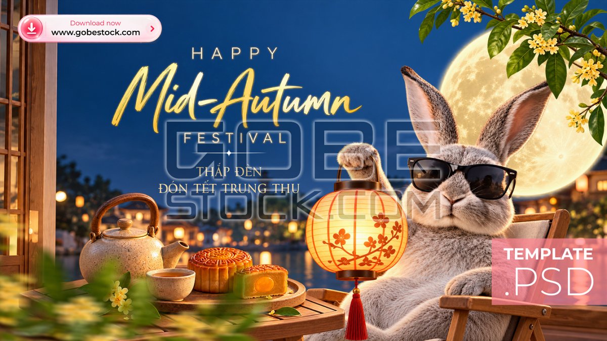 Navy Mid Autumn Rabbit Lantern Festival Poster