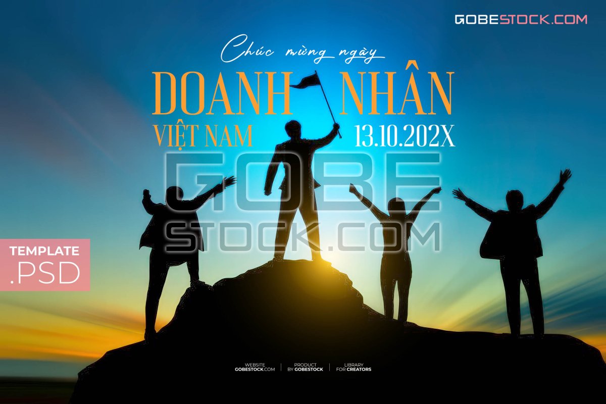 Vietnam Entrepreneurs Day banner with business team celebrating on mountain