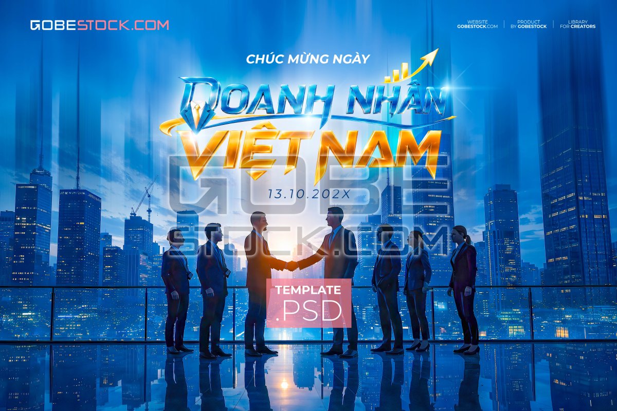 Vietnam Entrepreneurs Day banner with business teams shaking hands before city