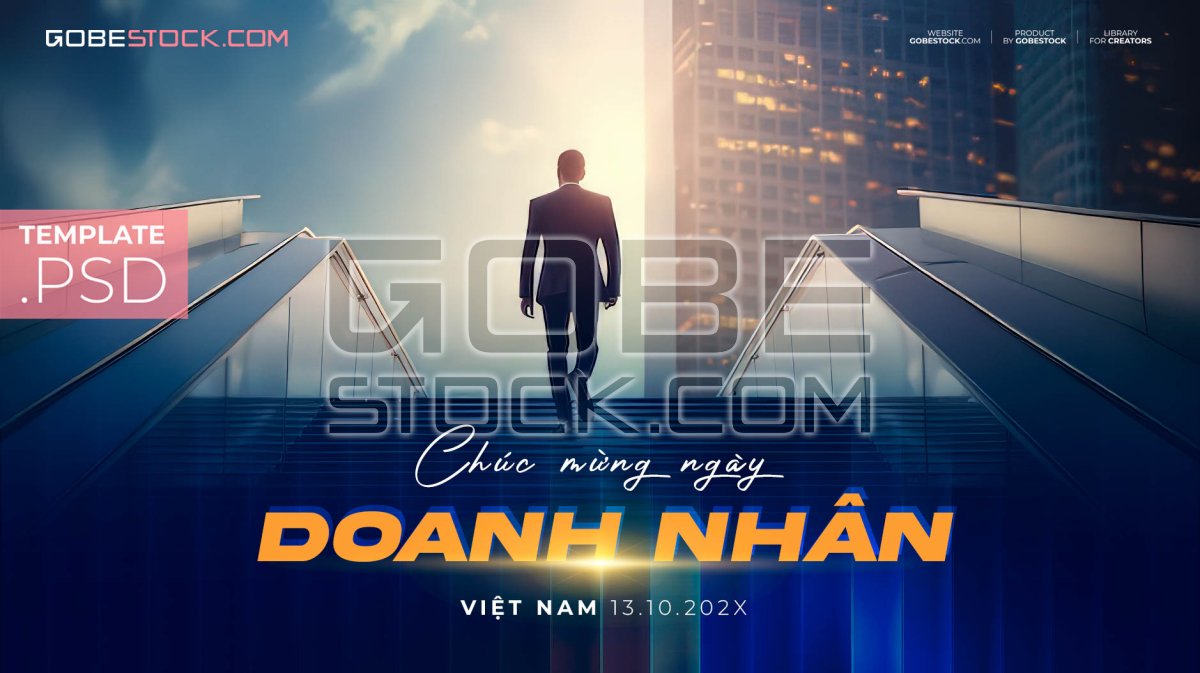 Vietnam Entrepreneurs Day banner with businessman ascending stairs between buildings