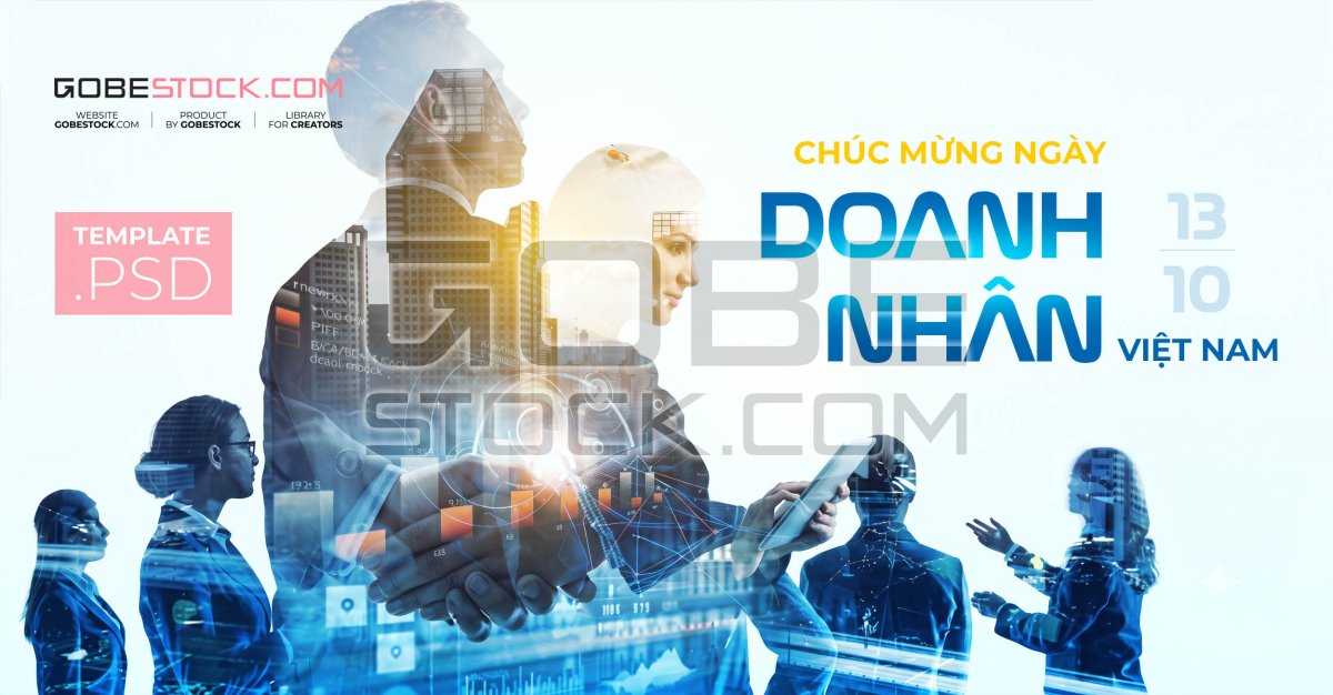 Vietnam Entrepreneurs Day banner with double exposure handshake and city data
